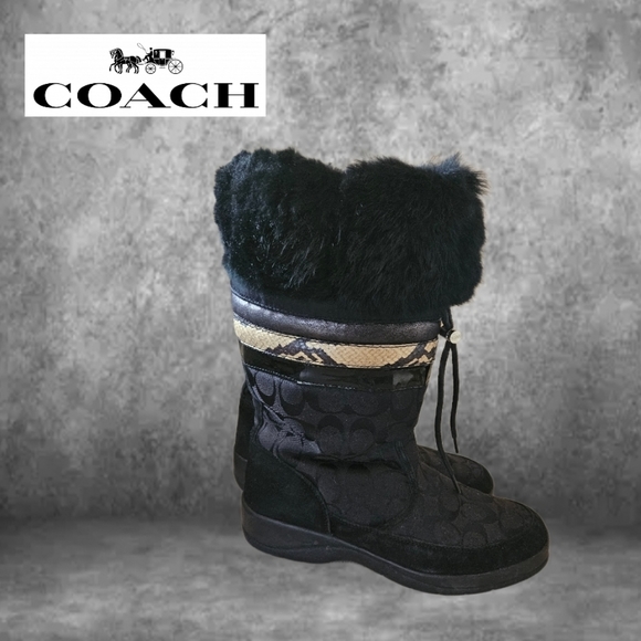 COACH "LORNA" BLACK JACQUARD LOGO LEATHER TRIM FUR CALF BOOTS SIZE:10M - Picture 1 of 7